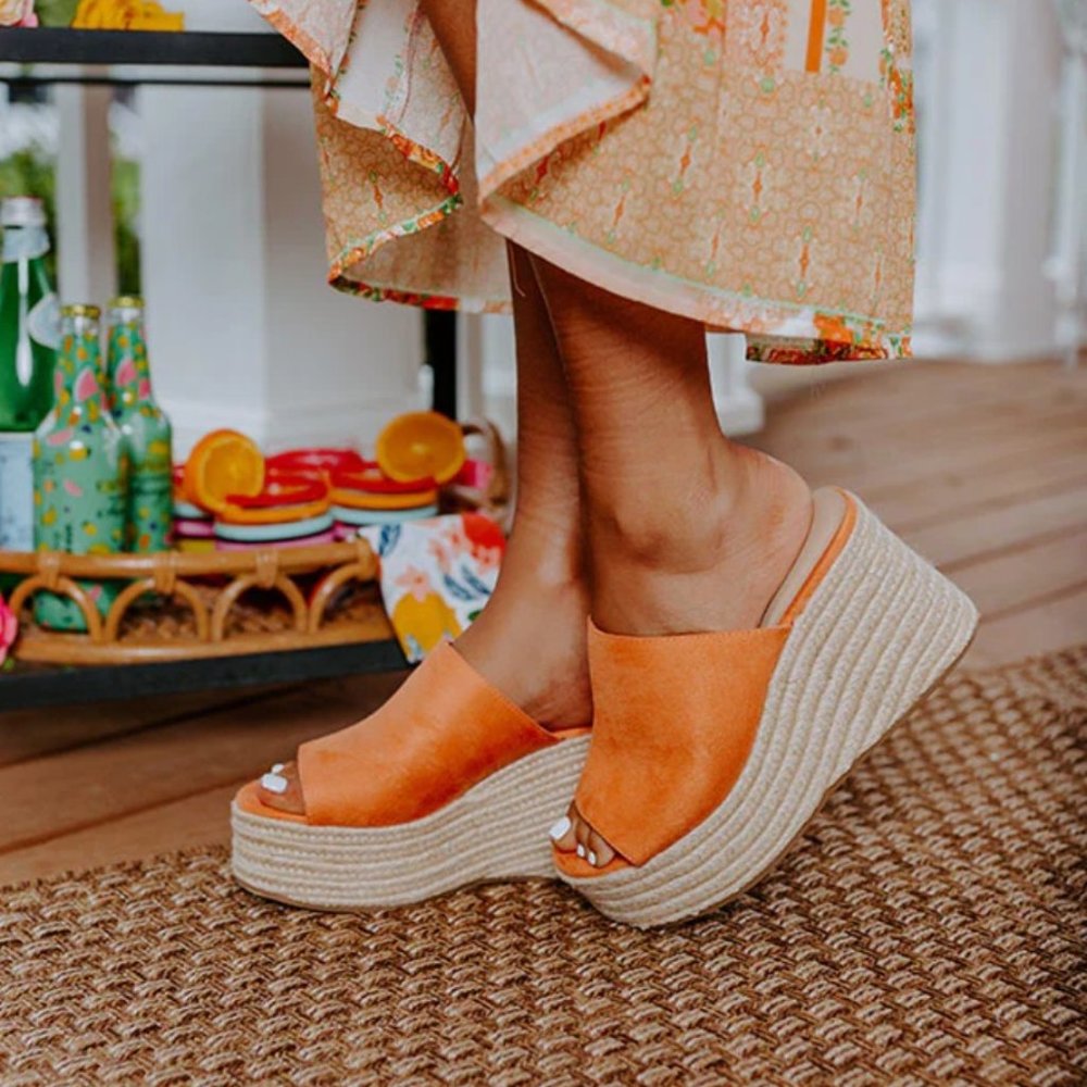 Zara Trafaluc Platform Espadrille Wedge Sandals Orange/Coral Suede | Size 39
